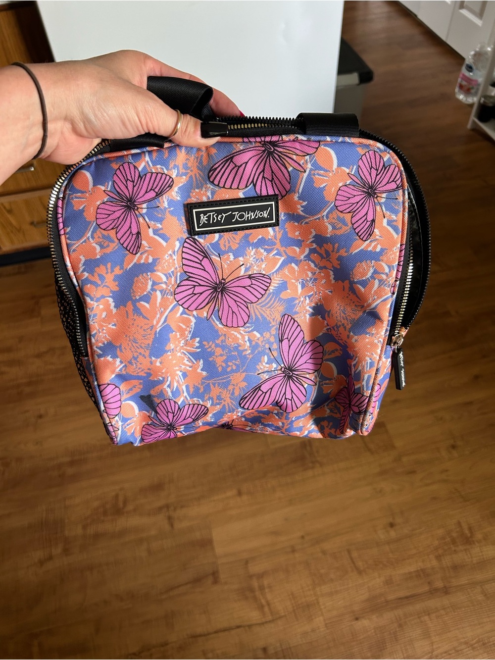 Betsey Johnson Pink Butterfly Lunchbox with Peach & Lavender Print